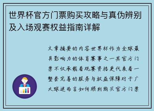 世界杯官方门票购买攻略与真伪辨别及入场观赛权益指南详解